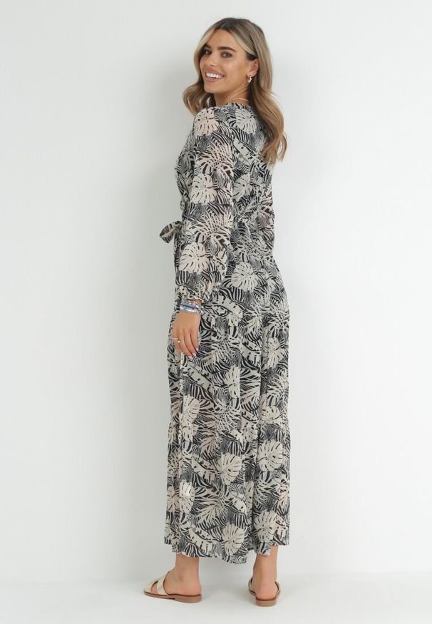 Born2be - Szara Sukienka Maxi z Gumką w Talii i Roślinnym Printem Alai. Kolor: szary. Wzór: nadruk. Sezon: wiosna, lato. Długość: maxi