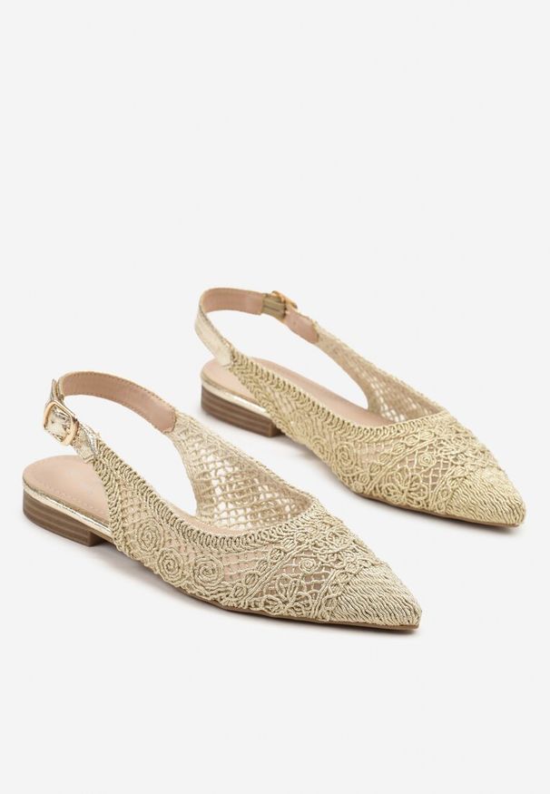 Renee - Złote Sandały Slingback z Szydełkową Cholewką i Szpiczastym Noskiem Ifflore. Okazja: na co dzień. Nosek buta: szpiczasty. Zapięcie: sprzączka. Kolor: złoty. Sezon: lato, wiosna. Obcas: na płaskiej podeszwie. Styl: elegancki, casual