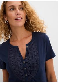 bonprix - T-shirt z przędzy mieszankowej z krótkimi rękawami. Typ kołnierza: typu henley. Kolor: niebieski. Materiał: bawełna, koronka. Długość rękawa: krótki rękaw. Długość: krótkie. Wzór: koronka #3
