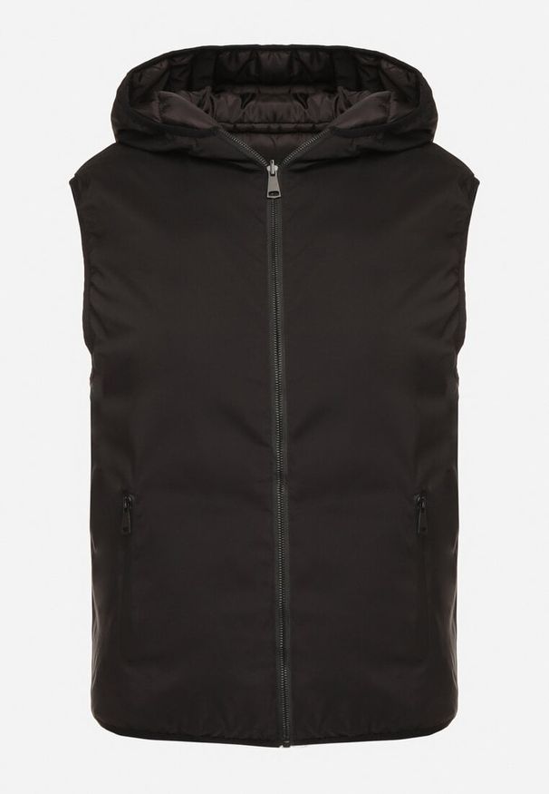 Born2be - Czarna Dwustronna Kamizelka z Kapturem Zdobiona Pikowanymi Przeszyciami Tuliona. Okazja: na spacer. Typ kołnierza: kaptur. Kolekcja: plus size. Kolor: czarny. Materiał: jeans. Wzór: aplikacja. Styl: elegancki