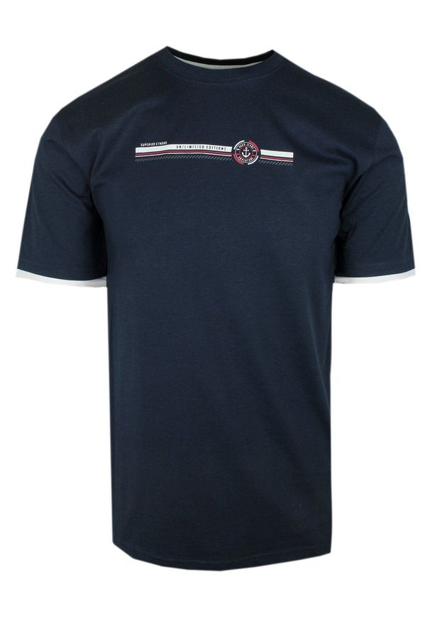 T-Shirt Męski - Granatowy z Nadrukiem - Pako Jeans. Okazja: na co dzień. Kolor: niebieski. Materiał: bawełna. Wzór: nadruk. Styl: casual