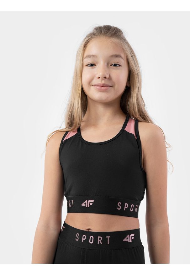 4f - 4F Crop top sportowy szybkoschnący dziewczęcy 146/152 (10-12 lat). Kolor: czarny. Materiał: guma, włókno, materiał. Długość rękawa: na ramiączkach. Sezon: lato. Styl: sportowy