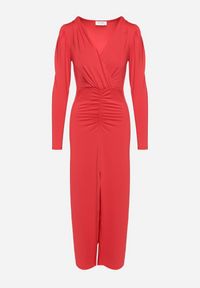 Born2be - Czerwona Elegancka Sukienka Kopertowa Ozdobiona Marszczeniami Zainara. Okazja: na imprezę, na spotkanie biznesowe. Typ kołnierza: dekolt kopertowy. Kolor: czerwony. Długość rękawa: długi rękaw. Wzór: aplikacja. Typ sukienki: kopertowe. Styl: elegancki #5