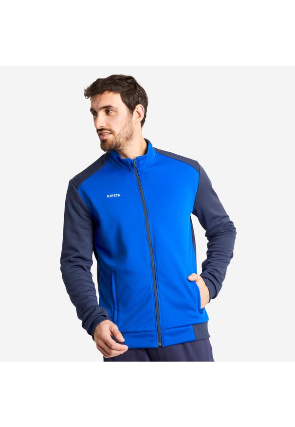 KIPSTA - Bluza piłkarska Kipsta Essential treningowa. Typ kołnierza: komin. Kolor: niebieski. Materiał: tkanina, elastan, prążkowany, materiał, poliester. Sport: fitness, piłka nożna