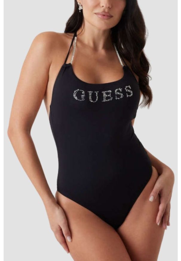 Guess - GUESS Czarny damski strój kąpielowy jednoczęściowy z cyrkoniami, Rozmiar S. Kolor: czarny