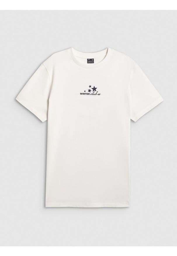 4f - 4F T-shirt oversize z nadrukiem damski - beżowy XS. Okazja: na co dzień. Kolor: beżowy. Materiał: dzianina. Wzór: nadruk. Styl: casual