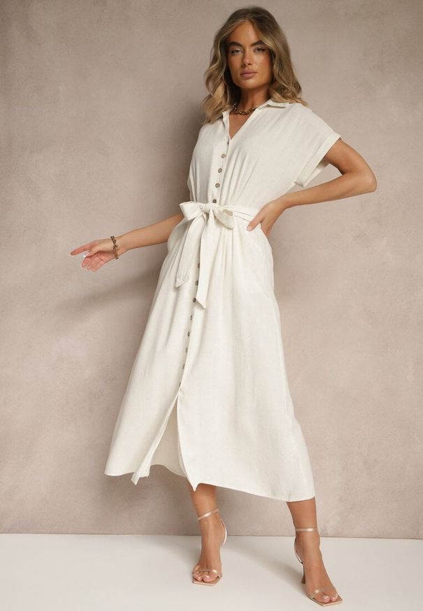 Renee - Jasnobeżowa Sukienka z Wiskozy i Lnu o Koszulowym Kroju z Paskiem Efralissea. Okazja: na co dzień. Kolor: beżowy. Materiał: wiskoza, len. Typ sukienki: koszulowe. Styl: elegancki, casual