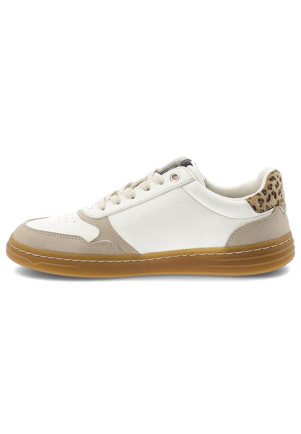 Sneakersy damskie Mustang, cholewka ze skóry ekologicznej perforowane panele boczny zamek sznurowanie elastyczna podeszwa zapewniająca komfort codzie. Okazja: na co dzień, na spacer. Zapięcie: sznurówki. Kolor: biały. Materiał: skóra ekologiczna. Szerokość cholewki: normalna. Sport: turystyka piesza