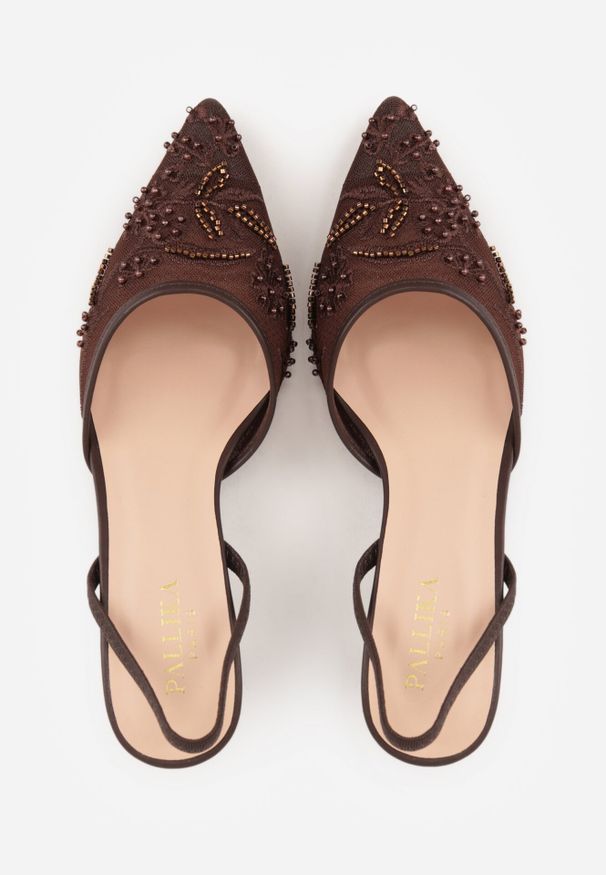 Born2be - Brązowe Czółenka Siateczkowe na Szpilce Ozdobione Perełkami i Haftami Vilania. Okazja: na co dzień. Zapięcie: pasek. Kolor: brązowy. Materiał: satyna. Wzór: aplikacja, haft. Obcas: na szpilce. Styl: elegancki, klasyczny, casual