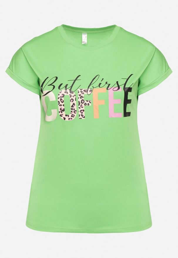 Born2be - Zielony T-shirt z Napisem z Motywem Kawy Dimrrue. Kolor: zielony. Materiał: tkanina. Wzór: napisy. Styl: elegancki