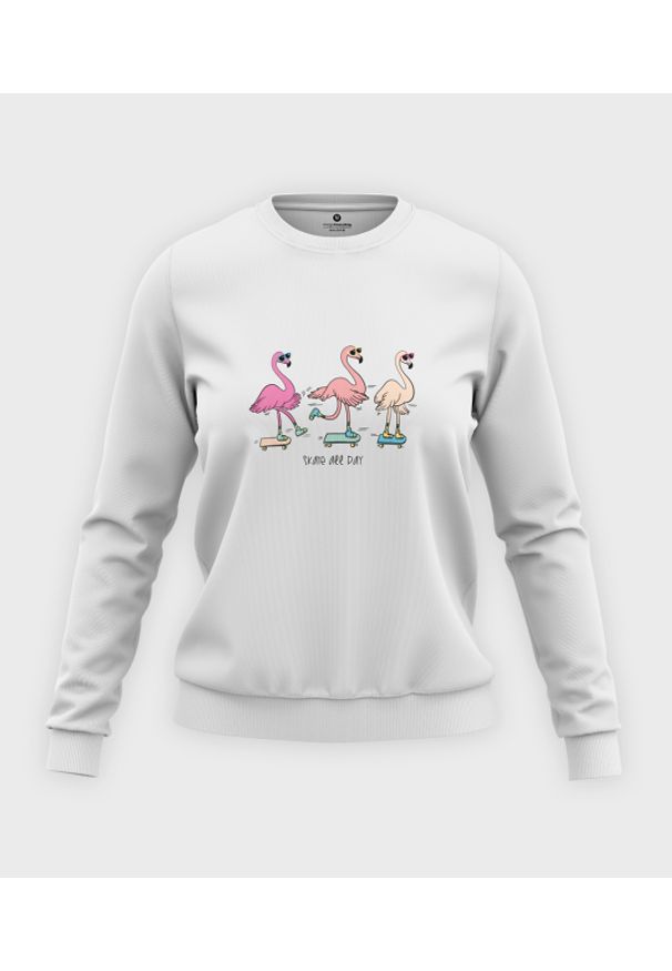 MegaKoszulki - Bluza klasyczna damska Skate Flamingi. Materiał: bawełna. Długość: długie. Wzór: nadruk. Styl: klasyczny