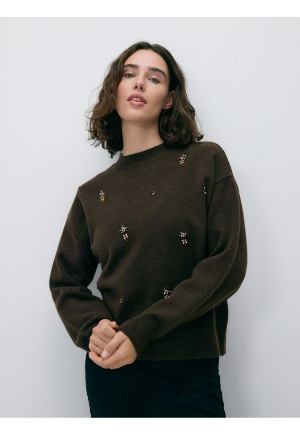 Reserved - Sweter z ozdobnymi aplikacjami - ciemnobrązowy. Kolor: brązowy. Materiał: dzianina, wełna. Wzór: aplikacja