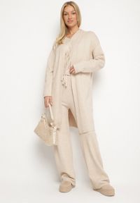 Born2be - Jasnobeżowy Dzianinowy Komplet z Wełną Kamizelka Długi Kardigan i Spodnie Otizela. Kolekcja: plus size. Kolor: beżowy. Materiał: dzianina, wełna
