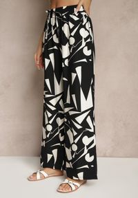 Renee - Czarne Szerokie Spodnie High Waist z Wiskozy Zdobione Abstrakcyjnym Printem Zileira. Okazja: na co dzień. Stan: podwyższony. Kolor: czarny. Materiał: wiskoza. Wzór: aplikacja, nadruk. Styl: klasyczny, elegancki, casual #3
