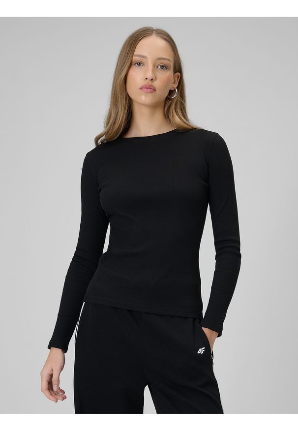 4f - 4F Longsleeve slim z prążkowanej dzianiny damski - czarny M. Okazja: na co dzień, na spacer. Kolor: czarny. Materiał: prążkowany, dzianina. Długość rękawa: długi rękaw. Wzór: prążki. Styl: casual
