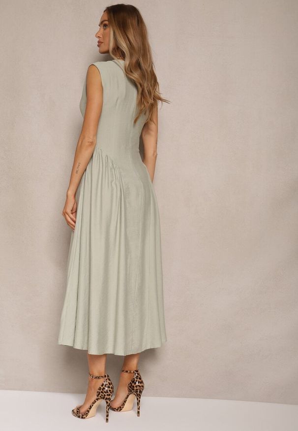 Renee - Zielona Rozkloszowana Sukienka z Wiskozy Lirune. Okazja: na co dzień. Kolor: zielony. Materiał: wiskoza. Sezon: lato. Typ sukienki: rozkloszowane. Styl: casual, elegancki, klasyczny