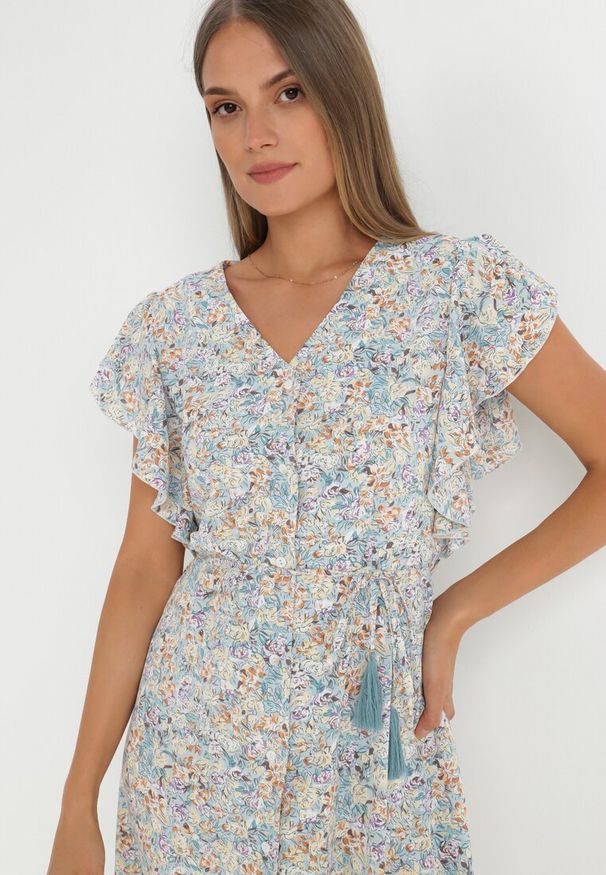 Born2be - Miętowa Sukienka Lanby. Typ kołnierza: kołnierz z falbankami. Kolor: miętowy. Materiał: materiał. Wzór: aplikacja, kwiaty, nadruk. Styl: elegancki. Długość: maxi