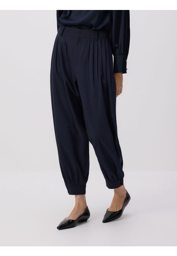 Reserved - Spodnie barrel leg - granatowy. Kolor: niebieski. Materiał: tkanina, wełna