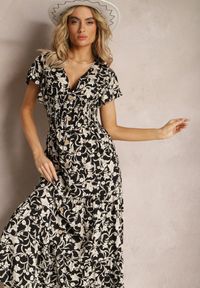 Renee - Czarno-Biała Sukienka z Gumką w Pasie w Kwiatowy Wzór z Ozdobnymi Guzikami Ellsa. Kolor: czarny. Wzór: kwiaty #1