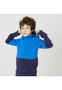 DOMYOS - Bluza dziecięca Domyos 500 z kapturem. Typ kołnierza: kaptur. Kolor: niebieski. Materiał: bawełna, poliester, materiał, elastan