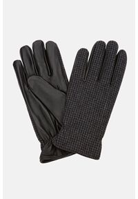 Lancerto - Rękawiczki Czarne Skórzane z Wełną w Szarą Kratę. Kolor: czarny. Materiał: tkanina, wiskoza, skóra, wełna #1