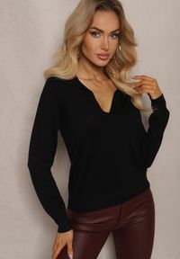 Renee - Czarny Sweter z Wiskozą i Ozdobnym Kołnierzykiem Ceaola. Okazja: do pracy, na spotkanie biznesowe, na co dzień. Kolor: czarny. Materiał: wiskoza. Styl: casual, biznesowy