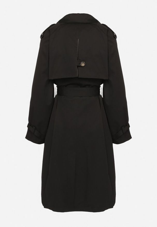 Born2be - Czarny Płaszcz Dwurzędowy Trencz Ozdobiony Paskiem i Pagonami Malwissa. Okazja: na co dzień. Kolor: czarny. Materiał: jeans. Wzór: aplikacja. Sezon: wiosna, jesień. Styl: casual, elegancki