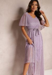 Renee - Ciemnofioletowa Koktajlowa Sukienka Maxi z Ozdobną Falbaną na Górze Cailey. Kolor: fioletowy. Materiał: materiał, tkanina. Długość rękawa: krótki rękaw. Wzór: gładki. Sezon: wiosna, lato. Styl: wizytowy. Długość: maxi #5