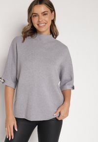 Born2be - Szary Sweter Ozdobiony na Rękawach Cyrkoniami Aletusa. Okazja: na co dzień. Kolor: szary. Materiał: jeans. Wzór: aplikacja. Styl: elegancki, casual #4