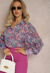 Renee - Niebiesko-Różowa Koszula z Bufiastymi Rękawami z Kwiatowym Printem Paedria. Kolor: niebieski. Wzór: nadruk, kwiaty #5