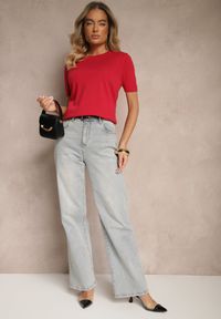 Renee - Czerwony Sweter Ozdobiony Ściągaczami Sanallia. Okazja: na co dzień. Kolor: czerwony. Materiał: jeans. Wzór: aplikacja. Styl: klasyczny, elegancki, casual #5