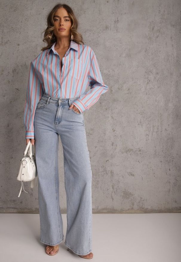 Renee - Niebieska Koszula z Bawełny Oversize w Pionowe Paski Telaria. Kolor: niebieski. Materiał: bawełna. Wzór: paski