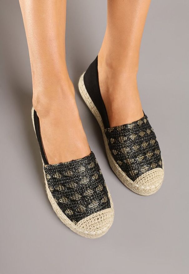 Born2be - Czarne Espadryle z Plecionym Sznurkiem i Geometrycznym Wzorem Sdivira. Okazja: na co dzień. Kolor: czarny. Materiał: jeans. Wzór: geometria. Obcas: na obcasie. Styl: elegancki, casual. Wysokość obcasa: niski