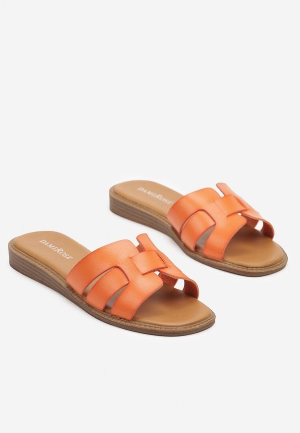 Renee - Pomarańczowe Klapki Eleganckie Zdobione Wycięciami Ivelgis. Okazja: na co dzień. Kolor: pomarańczowy. Materiał: jeans. Wzór: aplikacja. Obcas: na płaskiej podeszwie. Styl: elegancki