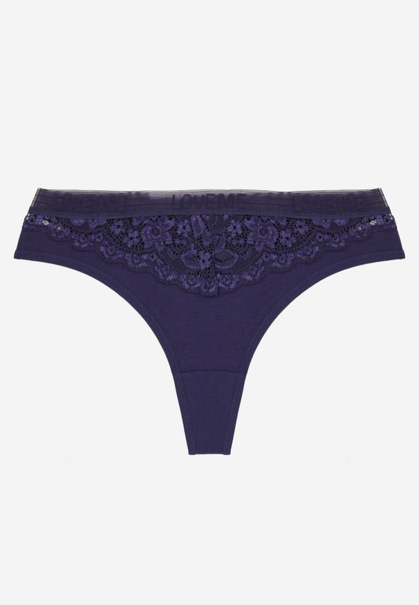 Born2be - Granatowe Majtki Stringi z Bawełną Ozdobione Koronką Thelanthe. Kolor: niebieski. Materiał: bawełna, koronka. Wzór: aplikacja, koronka