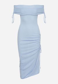 Born2be - Niebieska Sukienka Midi Dopasowana z Hiszpańskim Dekoltem i Rozcięciem Sadille. Kolor: niebieski. Styl: elegancki. Długość: midi #3