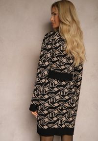 Renee - Czarny Dzianinowy Komplet z Krótkim Kardiganem i Sukienką Bodycon z Graficznym Wzorem Daithane. Kolor: czarny. Materiał: dzianina