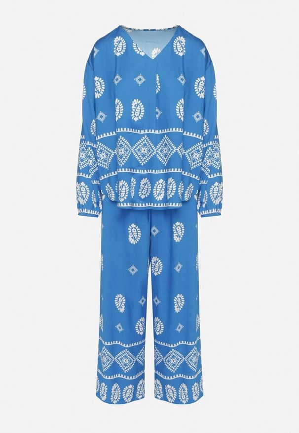 Born2be - Niebieski Komplet w Stylu Rustykalnym Luźna Bluzka i Spodnie z Wiskozą Emilaris. Kolor: niebieski. Materiał: wiskoza. Wzór: aplikacja