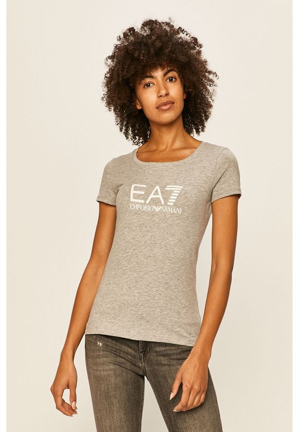 EA7 Emporio Armani - T-shirt. Okazja: na co dzień. Kolor: szary. Materiał: bawełna, dzianina, elastan. Wzór: nadruk. Styl: casual