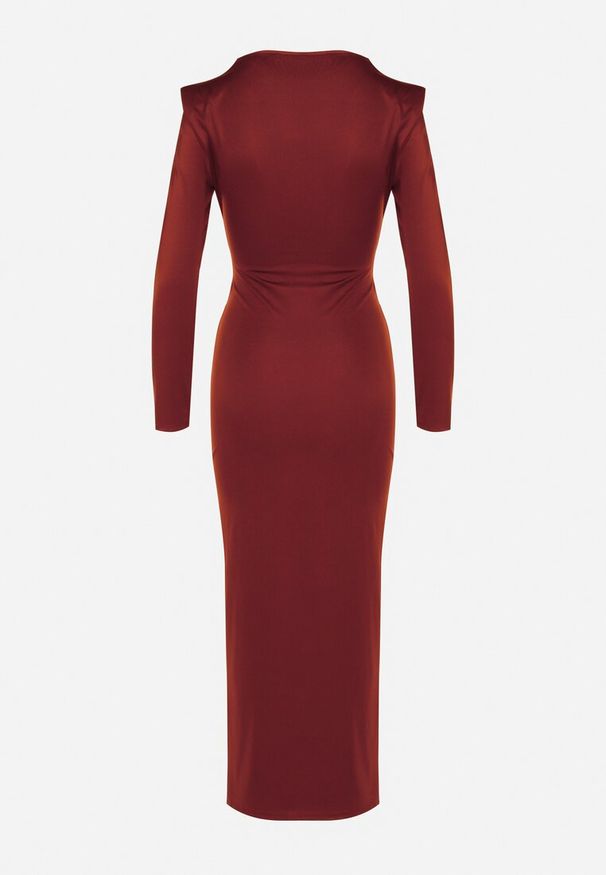 Born2be - Bordowa Elegancka Sukienka z Trenem i Rozcięciem Atissa. Okazja: na imprezę. Kolor: czerwony. Wzór: aplikacja. Styl: elegancki