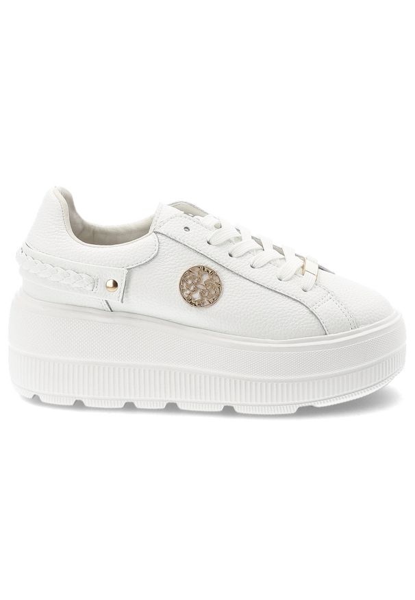 Sneakersy damskie S.Barski, ze skóry naturalnej licowej gruba podeszwa platforma sznurowane styl casual, białe, LR61-7095. Okazja: na co dzień. Kolor: biały. Materiał: skóra. Obcas: na platformie