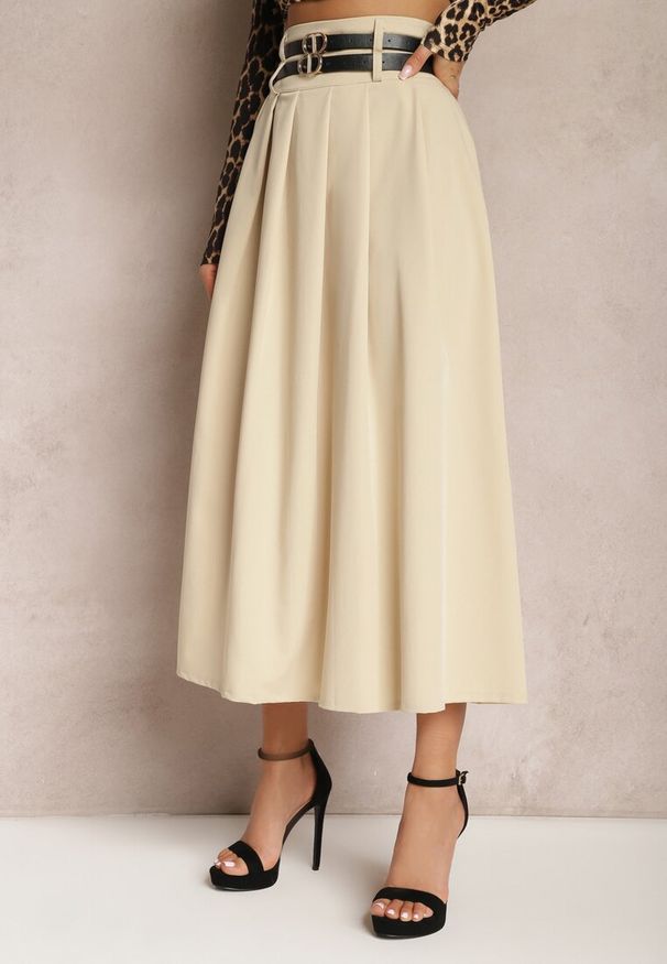 Renee - Jasnobeżowa Rozkloszowana Spódnica Plisowana z Dwoma Paskami z Klamrami Jaleara. Kolor: beżowy