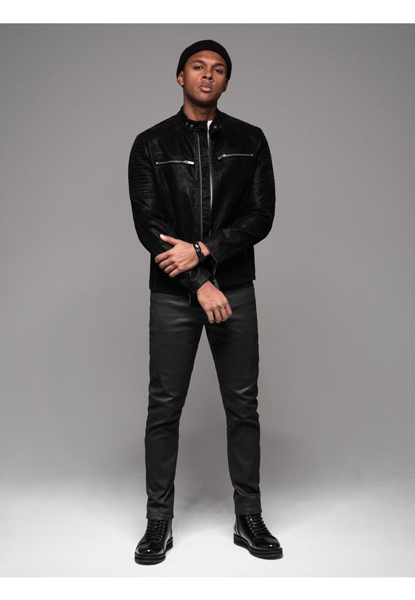 Ombre Clothing - Męskie woskowane spodnie jeansowe SLIM FIT – czarne V3 OM-PADP-0149 - XXL. Kolor: czarny. Materiał: jeans. Styl: retro, rockowy, klasyczny