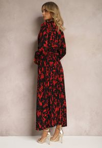 Renee - Czarno-Czerwona Kopertowa Sukienka Maxi z Plisowanym Dołem i Gumką w Talii Amillica. Kolor: czerwony. Wzór: nadruk. Typ sukienki: kopertowe. Długość: maxi