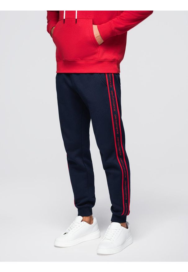 Ombre Clothing - Sportowe spodnie męskie jogger z lampasami – granatowe V3 - Rozmiar: XL. Okazja: na co dzień. Kolor: niebieski. Materiał: bawełna, poliester. Styl: sportowy