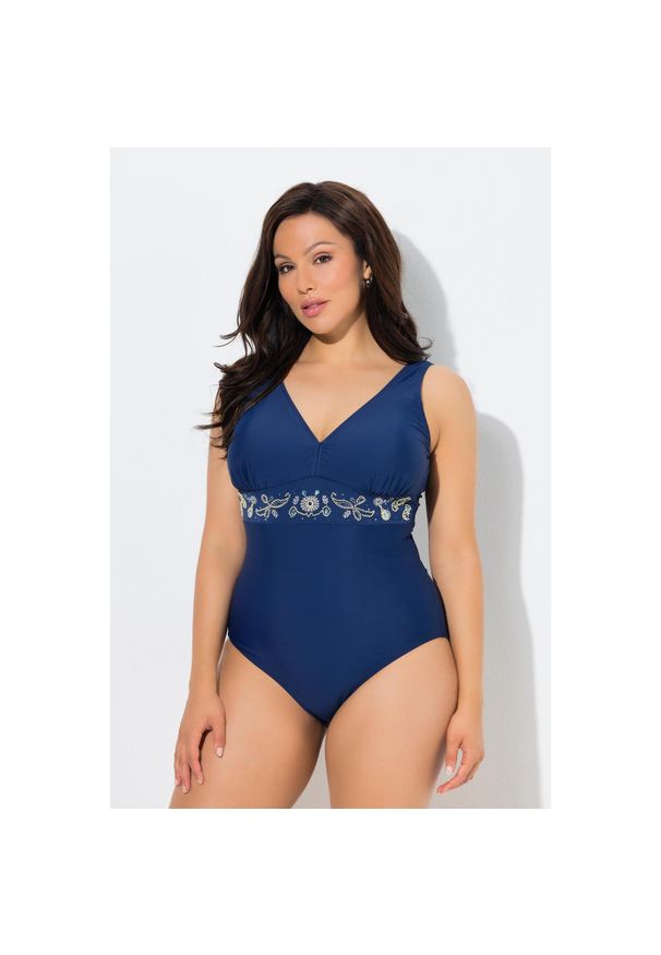ULLA POPKEN - Damskie Strój kąpielowy miękkie miseczki ozdobna lamowka. Kolekcja: plus size. Kolor: niebieski. Materiał: poliester, elastan, poliamid, materiał