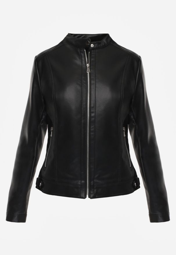 Born2be - Czarna Klasyczna Kurtka Ramoneska o Taliowantym Kroju Anlea. Okazja: na co dzień. Typ kołnierza: kołnierz z falbankami. Kolor: czarny. Materiał: dzianina, poliester, skóra, jeans. Styl: klasyczny