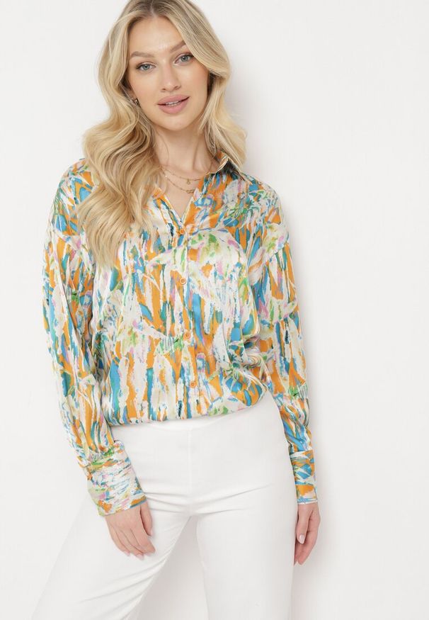 Born2be - Pomarańczowo-Bezowa Rozpinana Koszula z Dłuższymi Mankietami Haliaria. Okazja: na co dzień, na spotkanie biznesowe, do pracy. Kolor: pomarańczowy. Materiał: jeans. Długość: długie. Styl: casual, biznesowy, elegancki