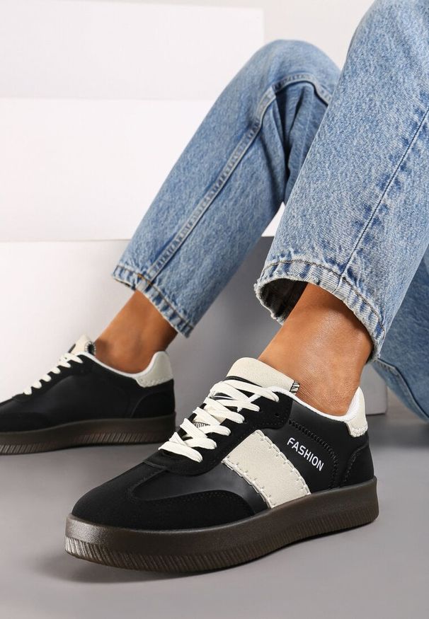 Born2be - Czarne Sneakersy na Grubej Podeszwie z Kontrastującymi Wstawkami i Wywiniętym Językiem Mirinae. Nosek buta: okrągły. Zapięcie: sznurówki. Kolor: czarny. Materiał: materiał. Obcas: na obcasie. Wysokość obcasa: niski