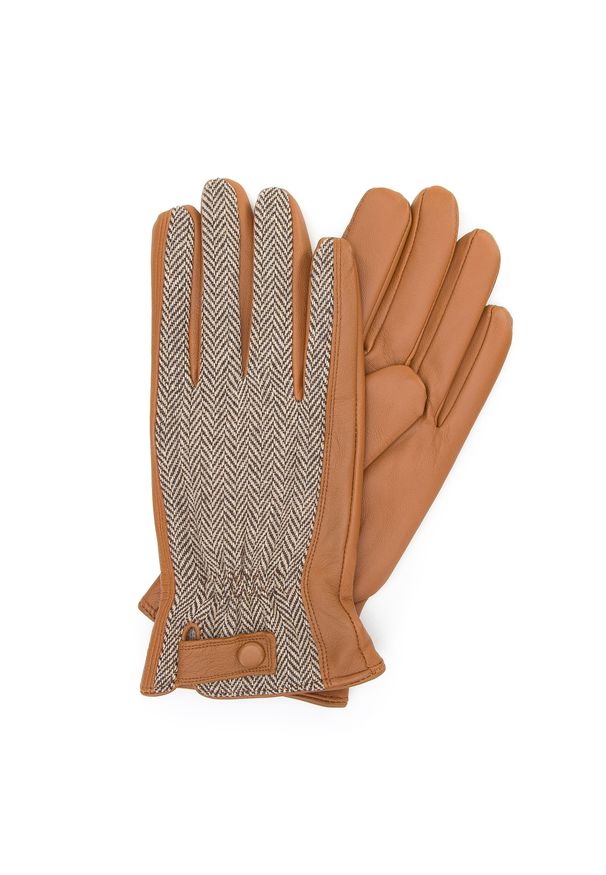 Wittchen - Męskie rękawiczki skórzane ze wstawką w jodełkę brązowe. Kolor: brązowy. Materiał: skóra. Wzór: jodełka. Styl: retro, elegancki